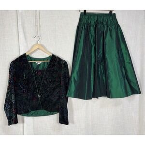 Vintage Patra Women's Blazer Green Floral Velvet Jacket Skirt Suit USA Sz 14‎